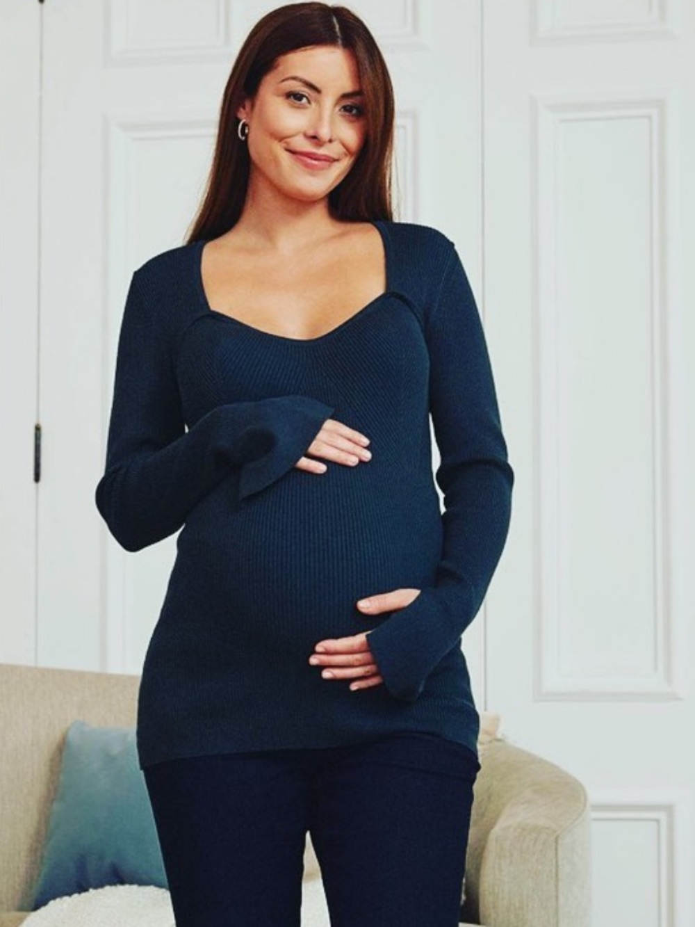 Thyme Maternity Long Sleeve Ribbed Sweater Sweetheart Neckline Dark Green
